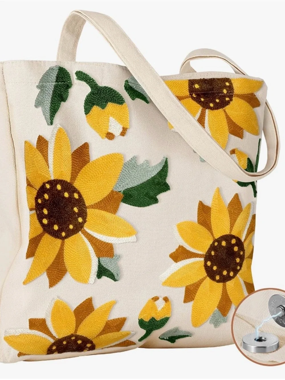 NEW Embroidery Canvas Tote Bag with Pocket And Stylish Sunflower Design